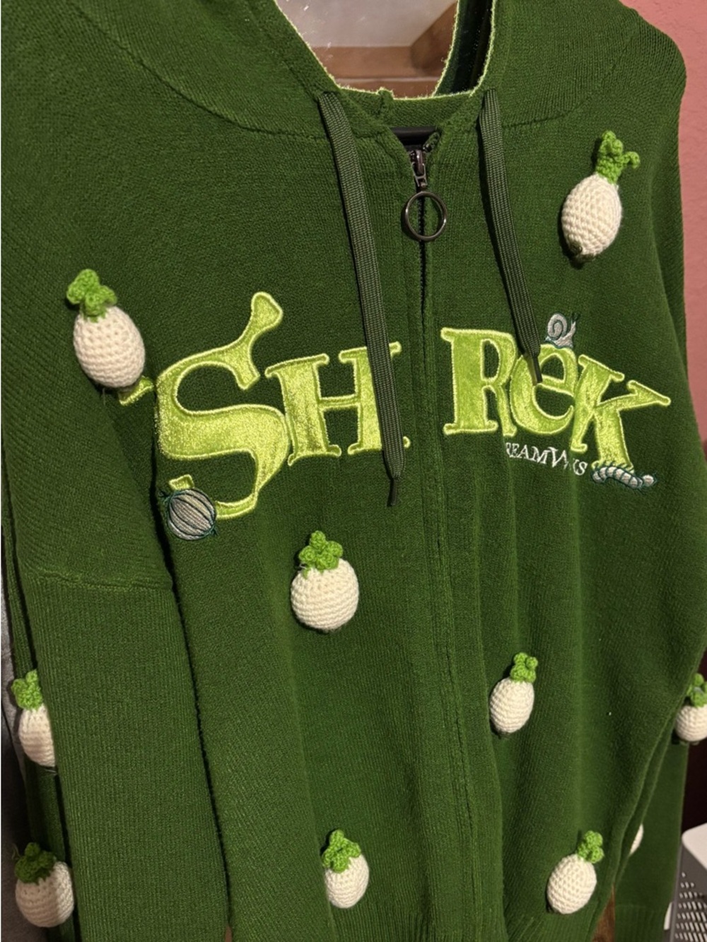 Shrek Green Hooded Zip-Up Sweater with Crochet Onion Details